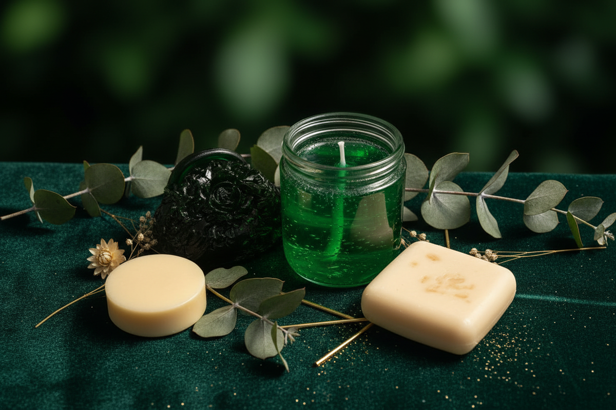 LIT CANDLE SHOP Green Velvet Flatlay