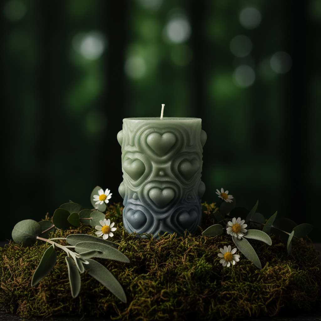 Sage Green Heart Candle Forest Styled